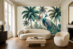 Green peacock wallpaper — tropical palm mural in a Parisian living room