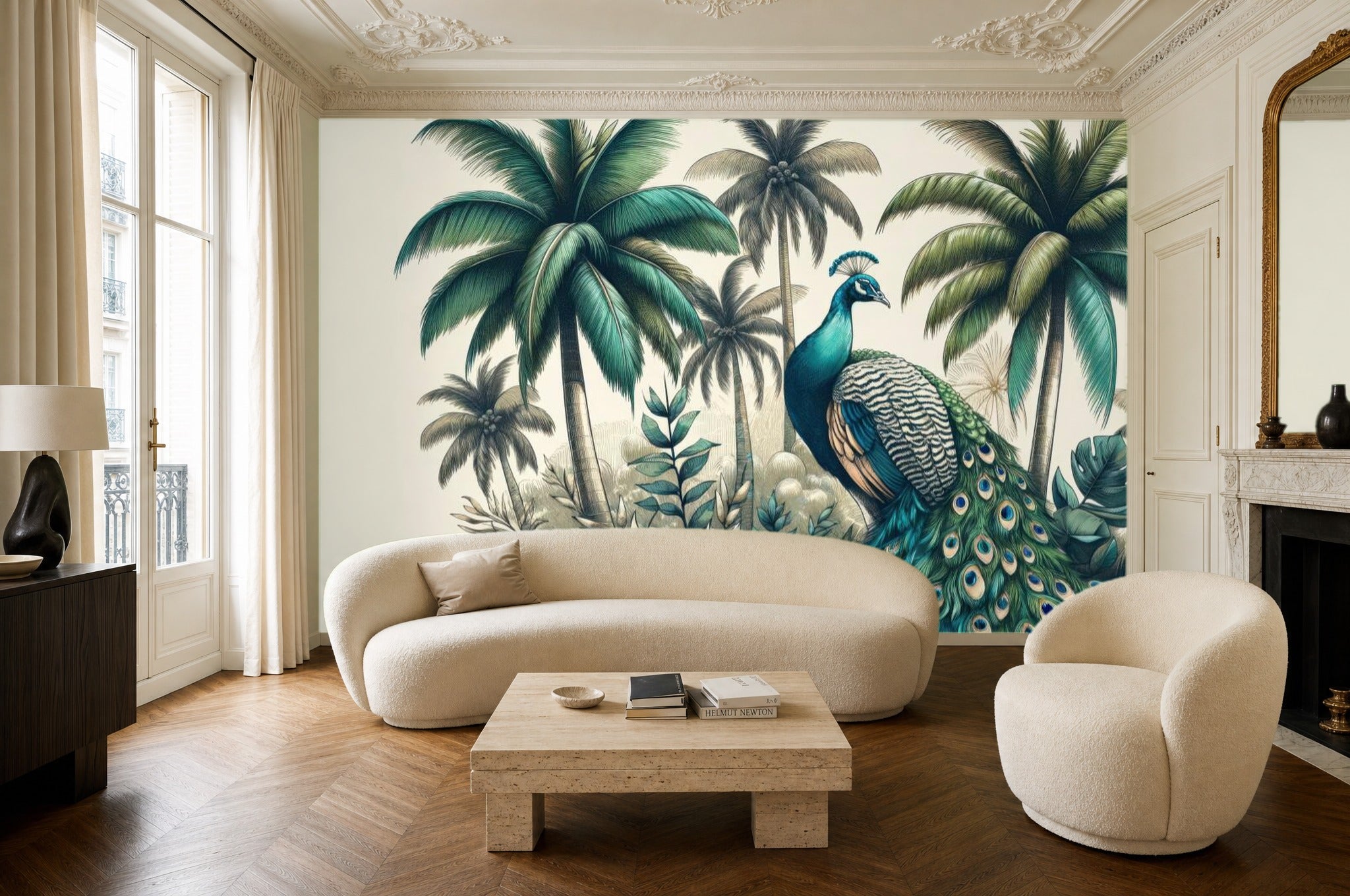 Green peacock wallpaper — tropical palm mural in a Parisian living room