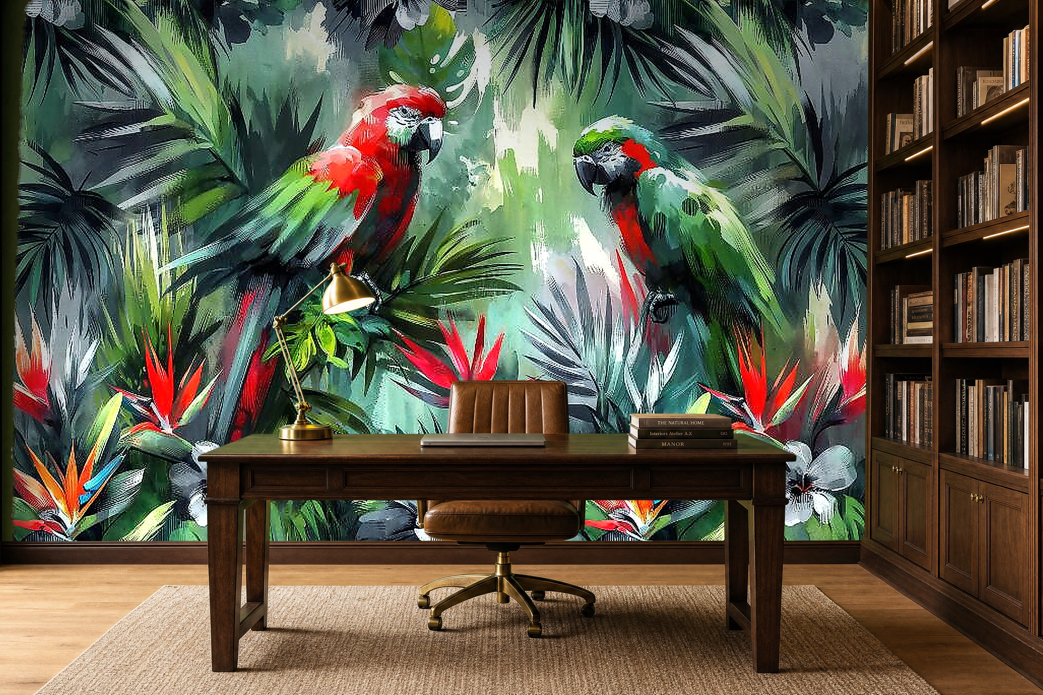grey parrot wallpaper in a home office