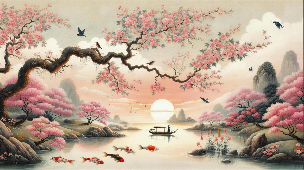 hand painted cherry blossom wallpaper pattern shown flat