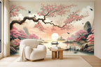 hand painted cherry blossom wallpaper in a living room