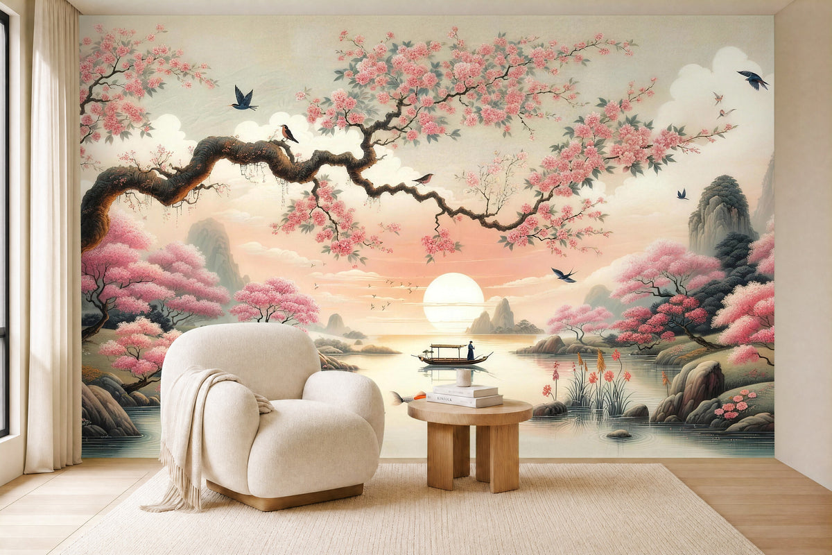 hand painted cherry blossom wallpaper in a living room