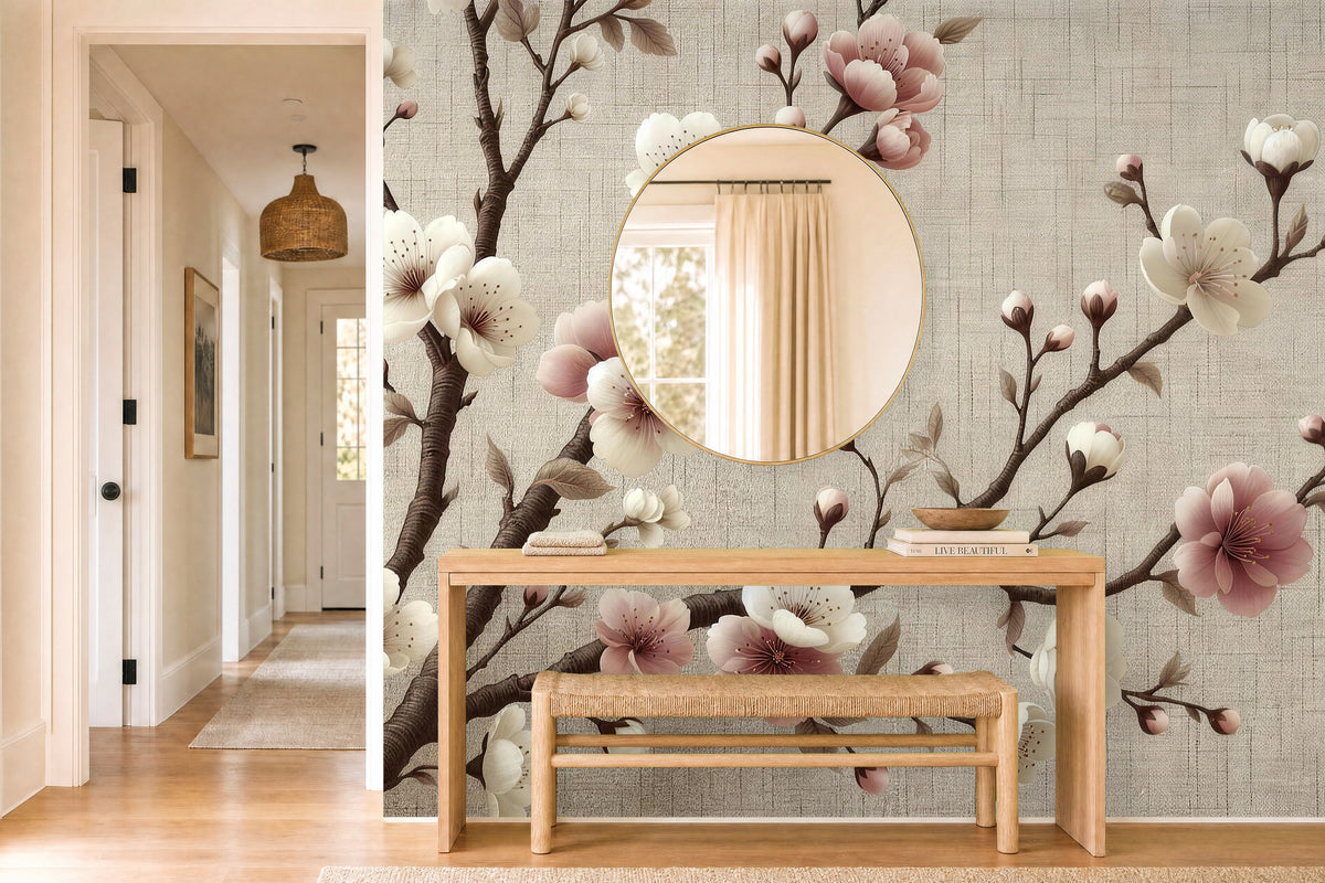 huge floral wallpaper in a hallway