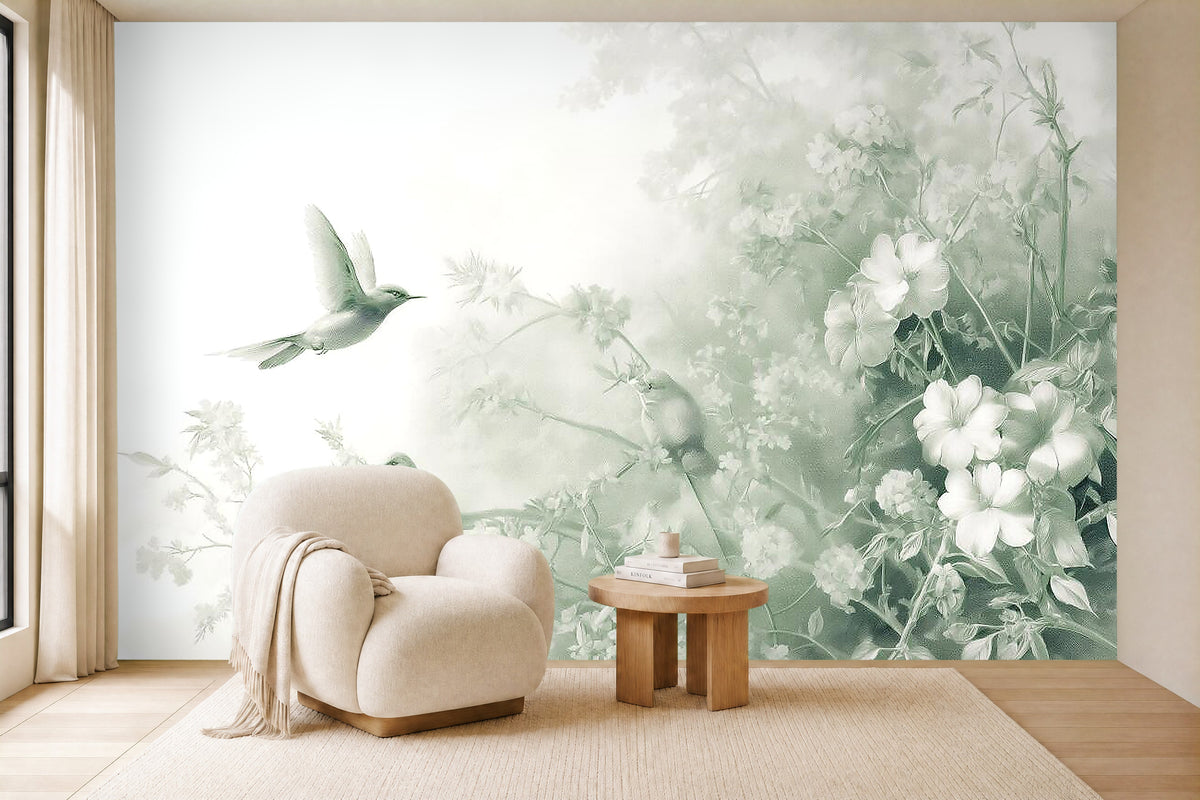 hummingbird trees wallpaper in a living room