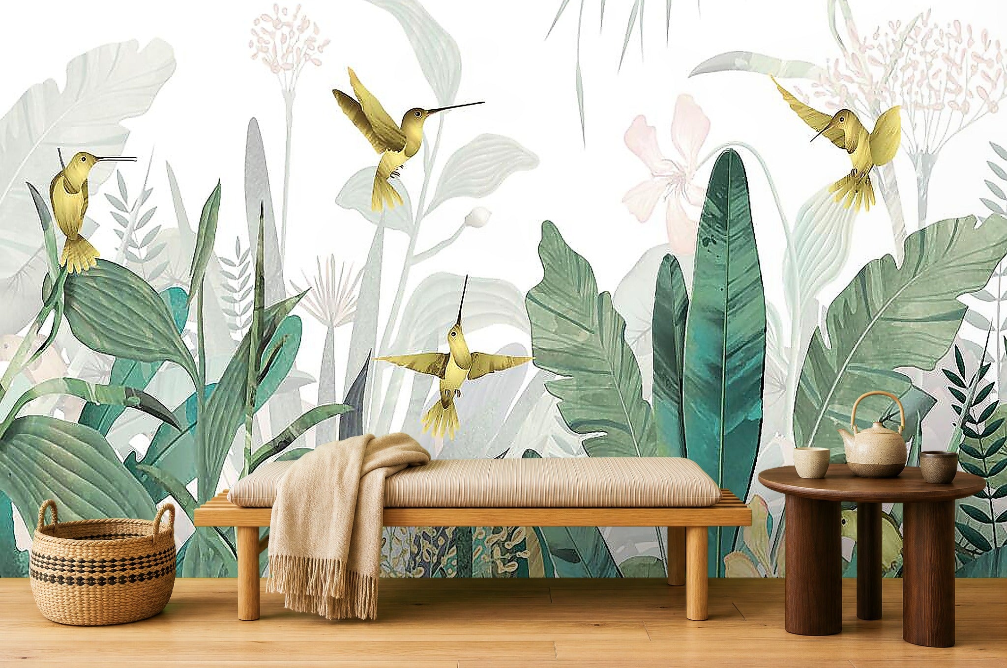 hummingbird wallpaper border in a living room