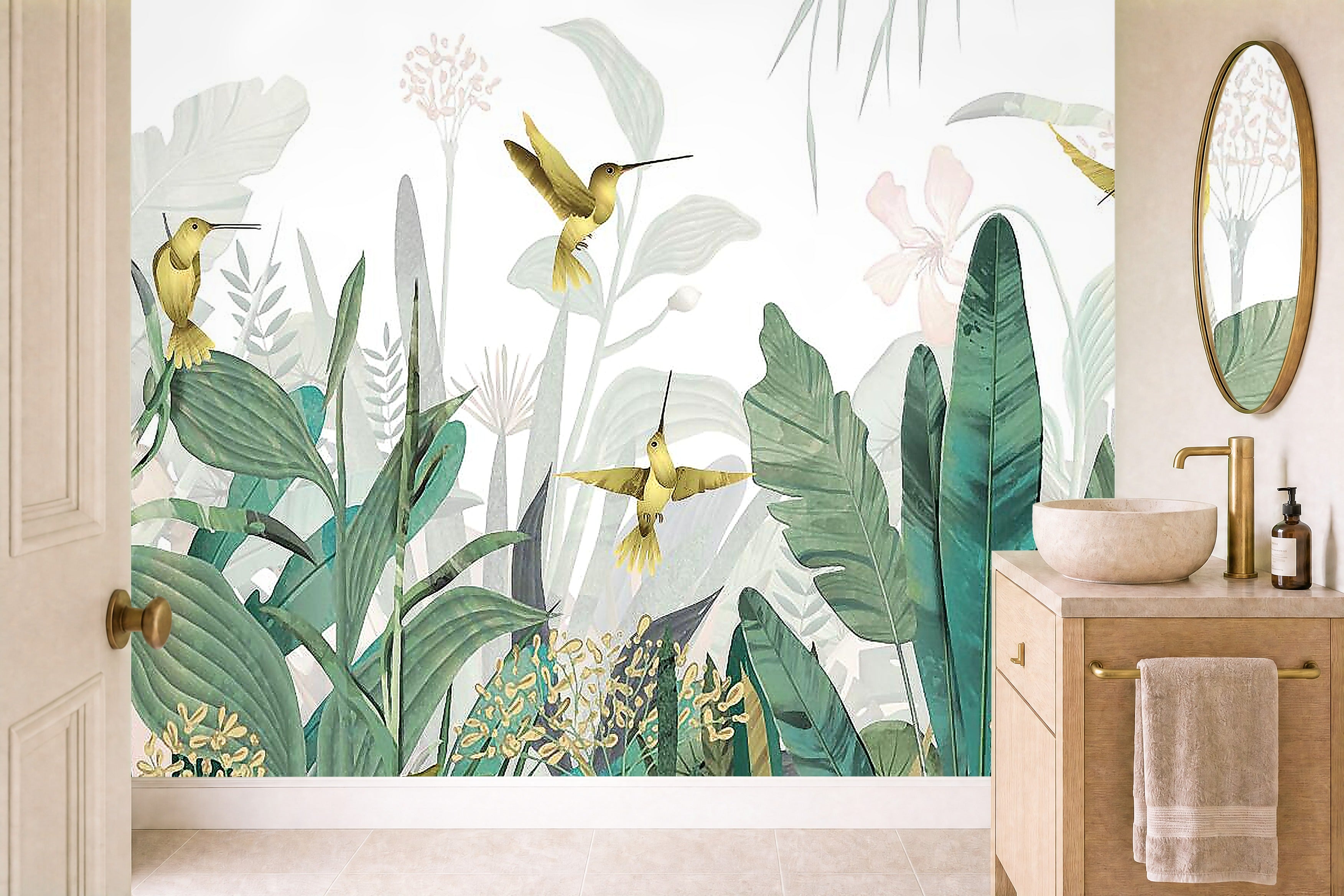 hummingbird wallpaper border in a cloakroom