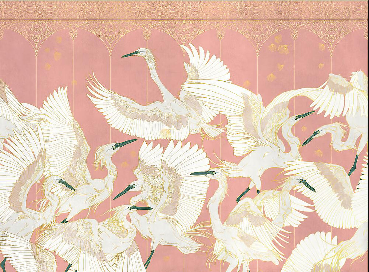 japanese cranes wallpaper pattern shown flat
