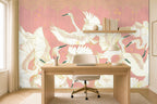 japanese cranes wallpaper in a home office