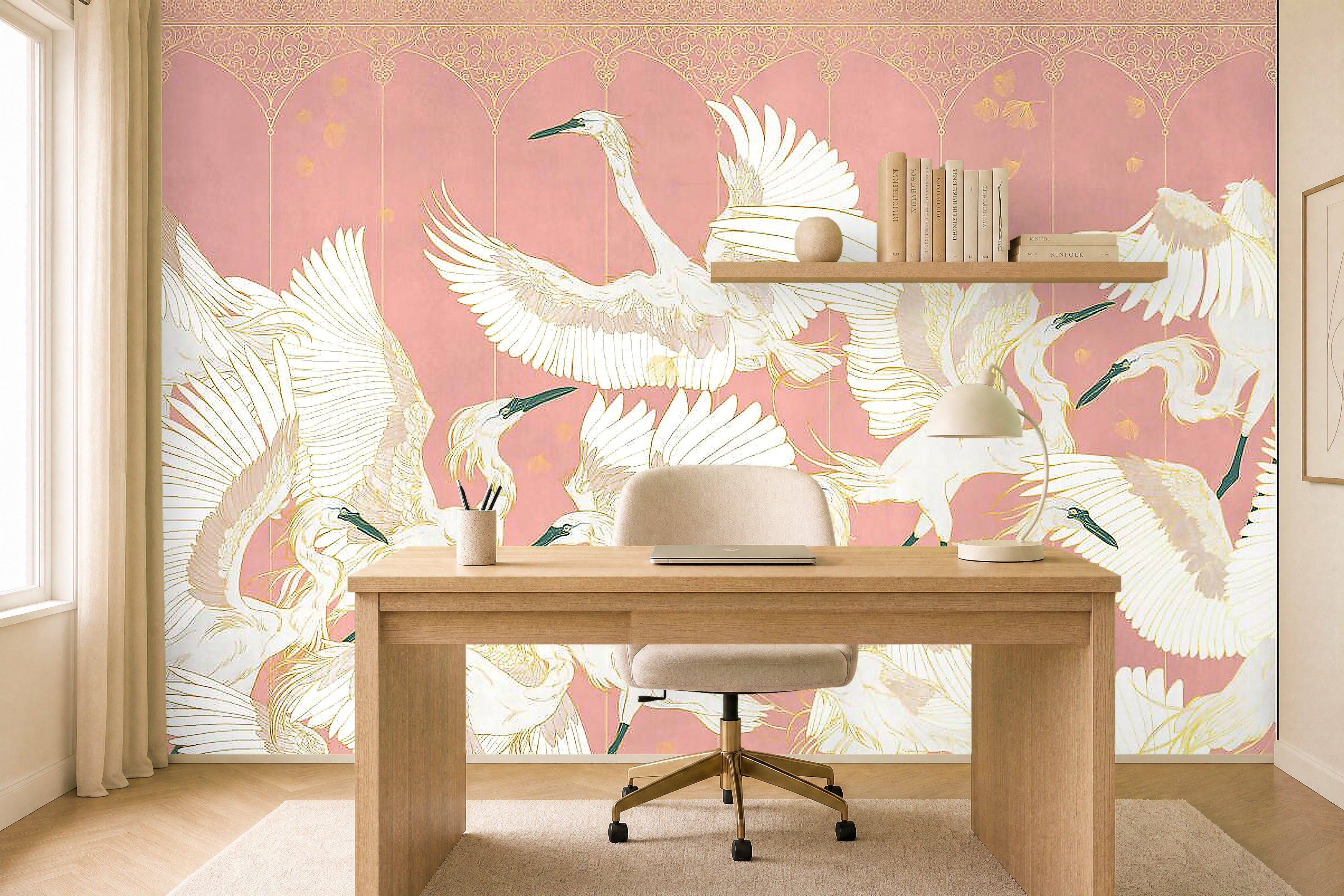 japanese cranes wallpaper in a home office