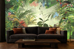 jungle leaf wallpaper in a living room