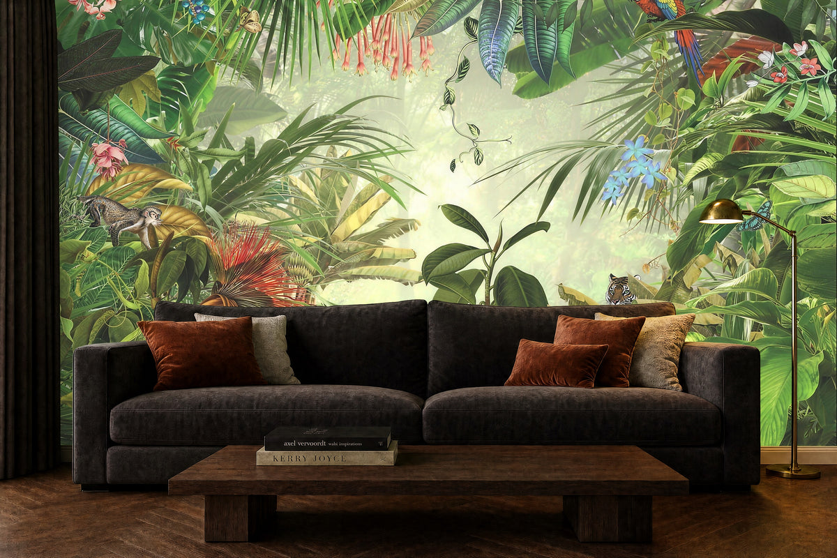 jungle leaf wallpaper in a living room