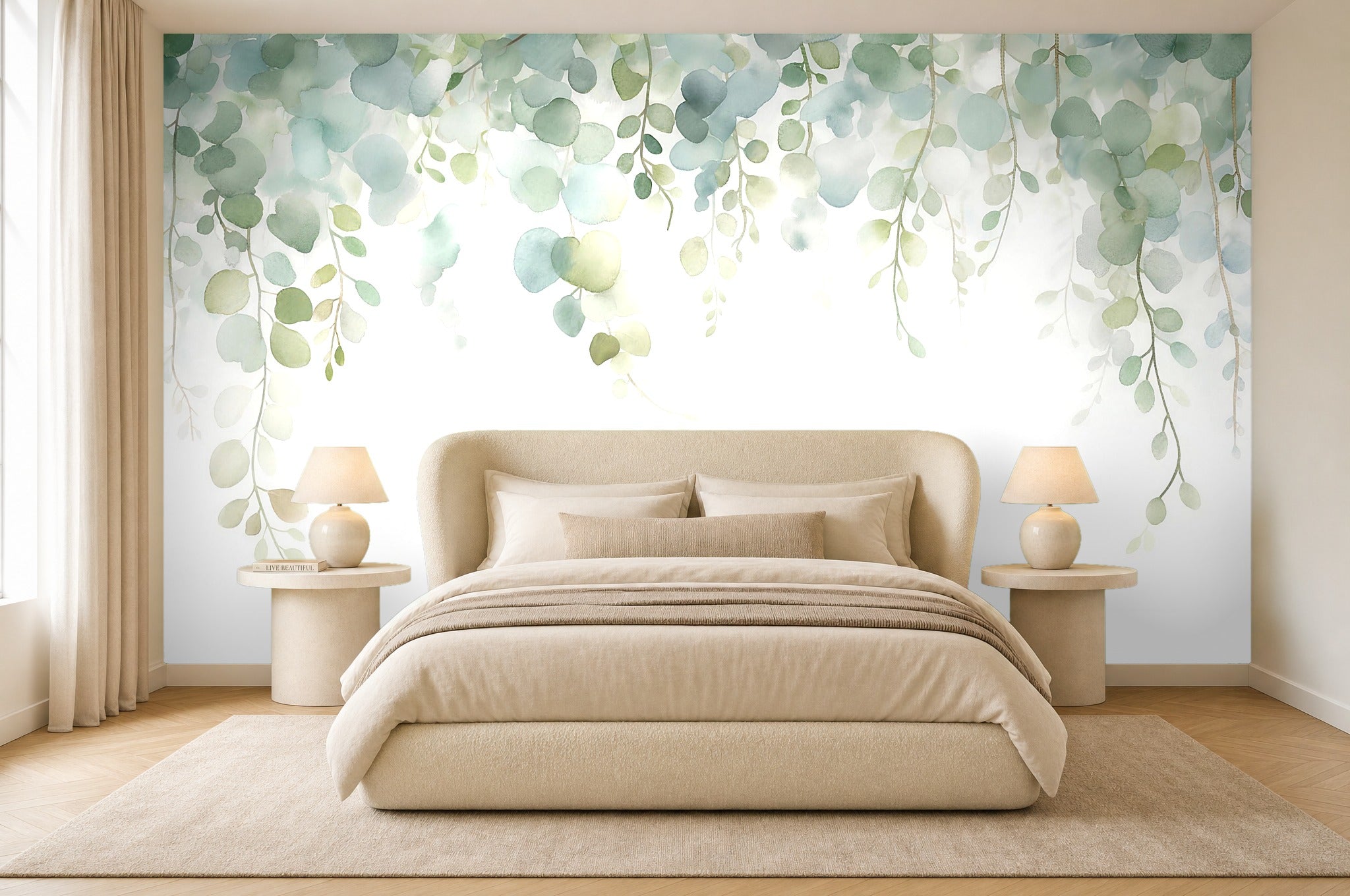 leaf vine wallpaper in a bedroom