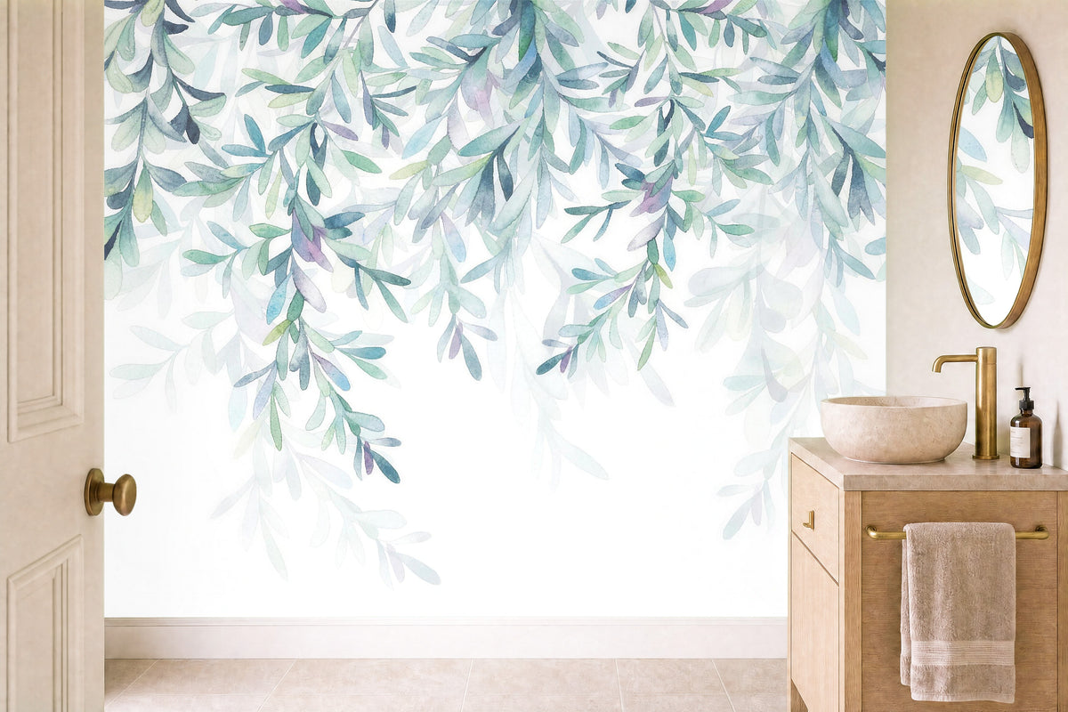 leaf wallpaper white in a cloakroom