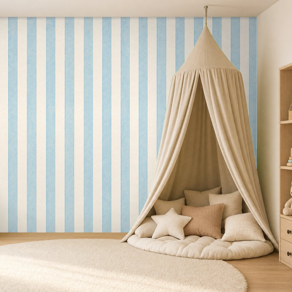 light blue striped wallpaper room