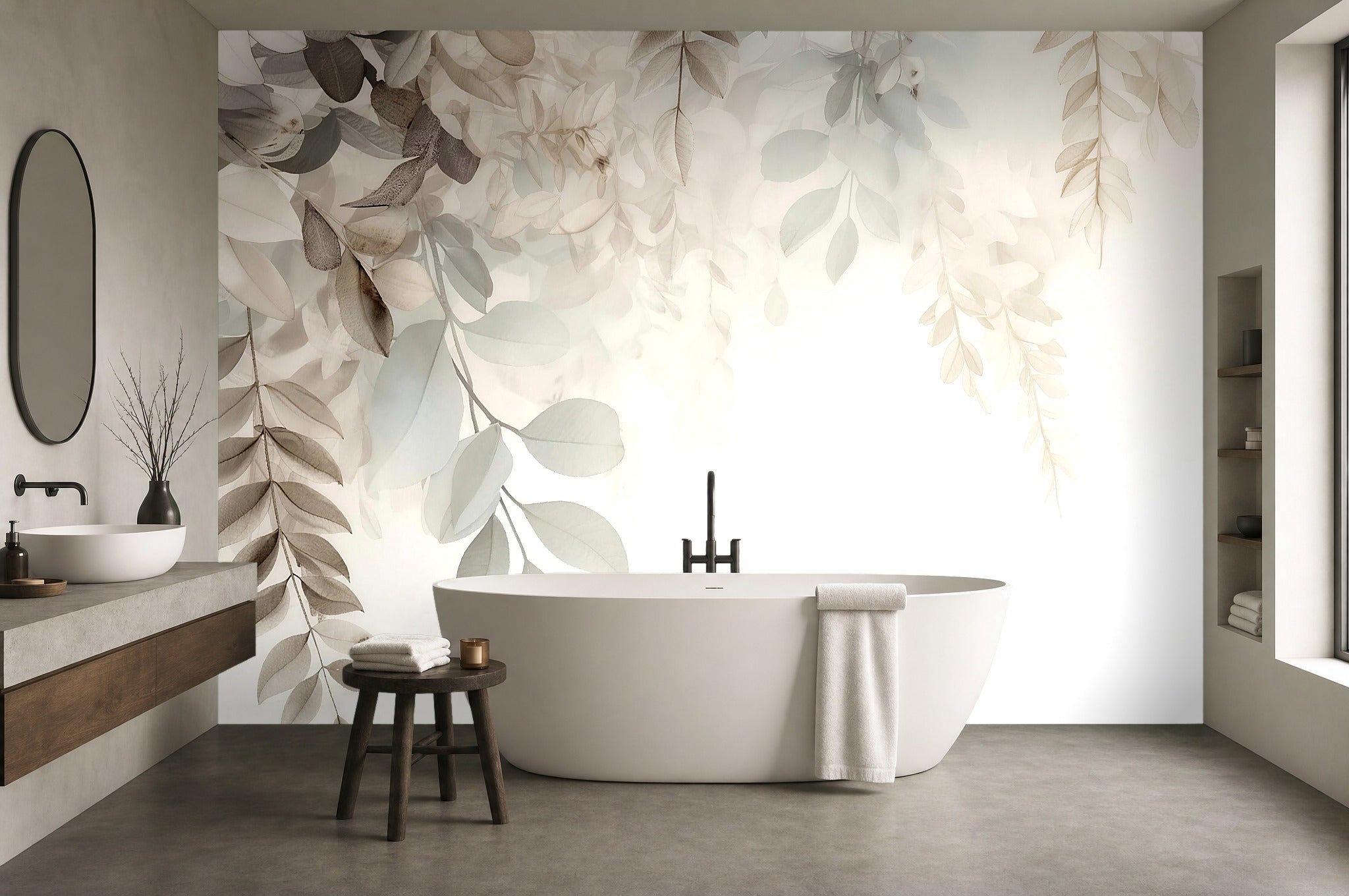 light leaf wallpaper in a bathroom