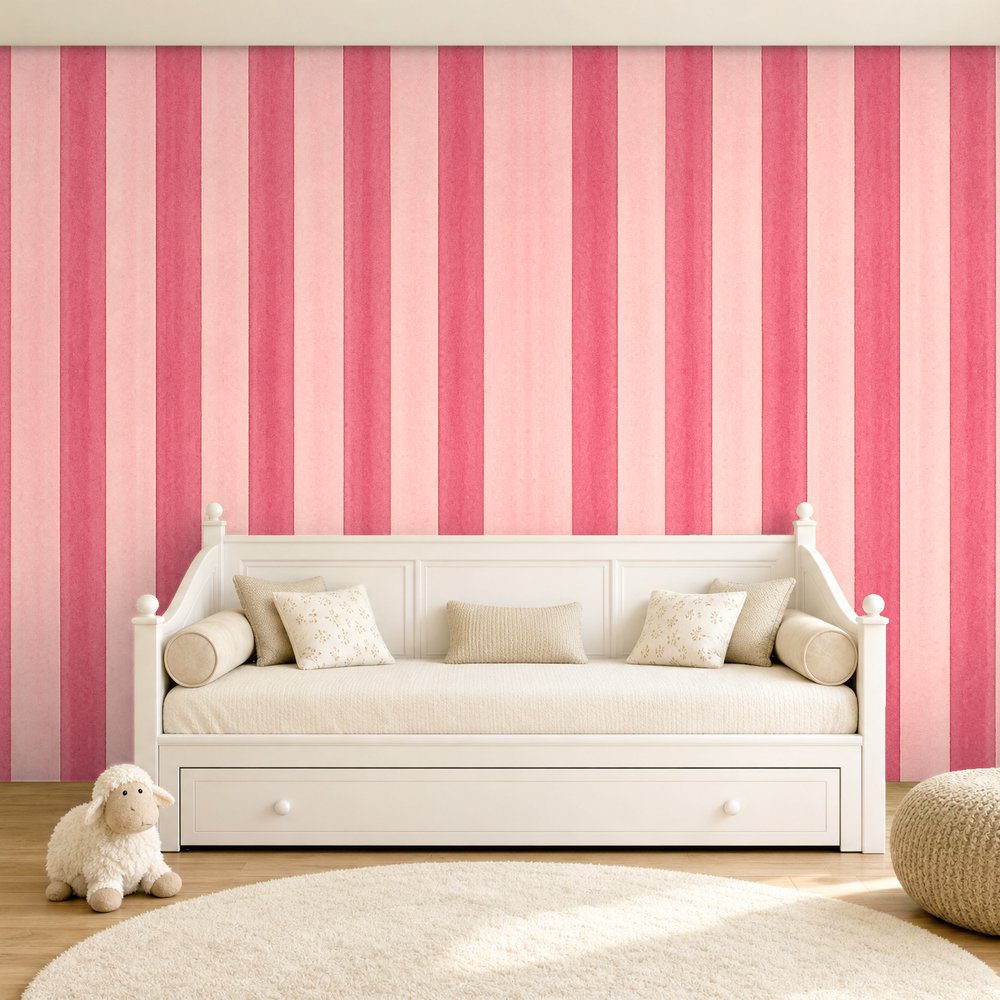 light pink and dark pink striped wallpaper room