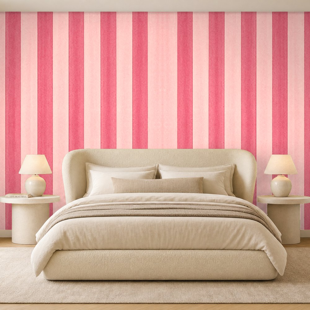 light pink and dark pink striped wallpaper room 2