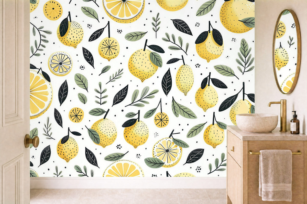 lime green leaf wallpaper in a cloakroom