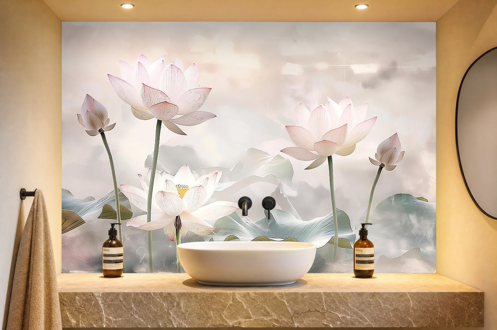 lotus blossom wallpaper in a bathroom