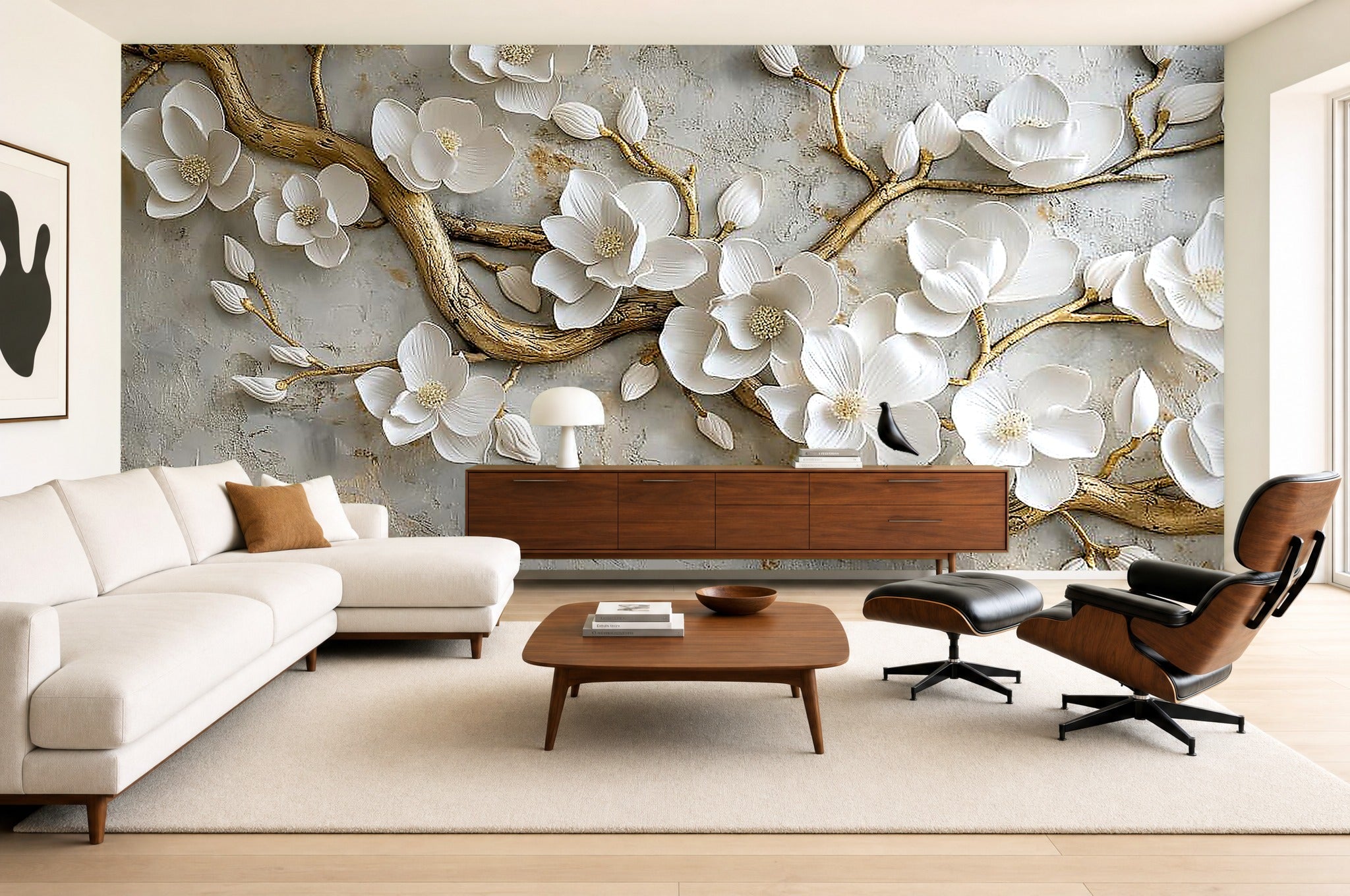 luxury floral wallpaper in a living room