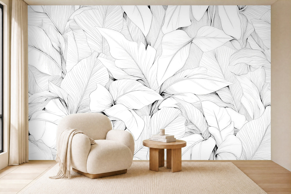 minimal leaf wallpaper in a living room