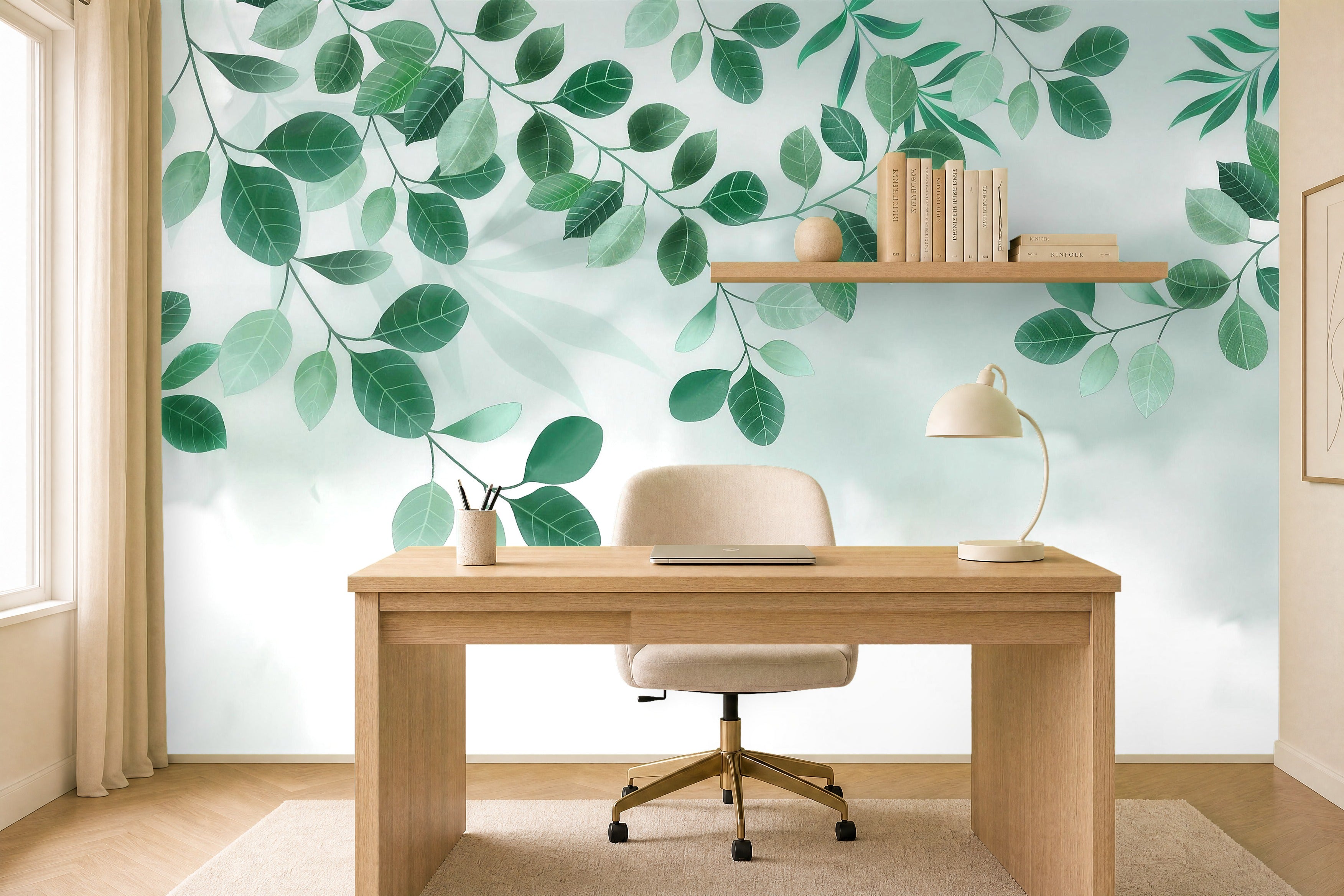minimalist leaf wallpaper in a home office