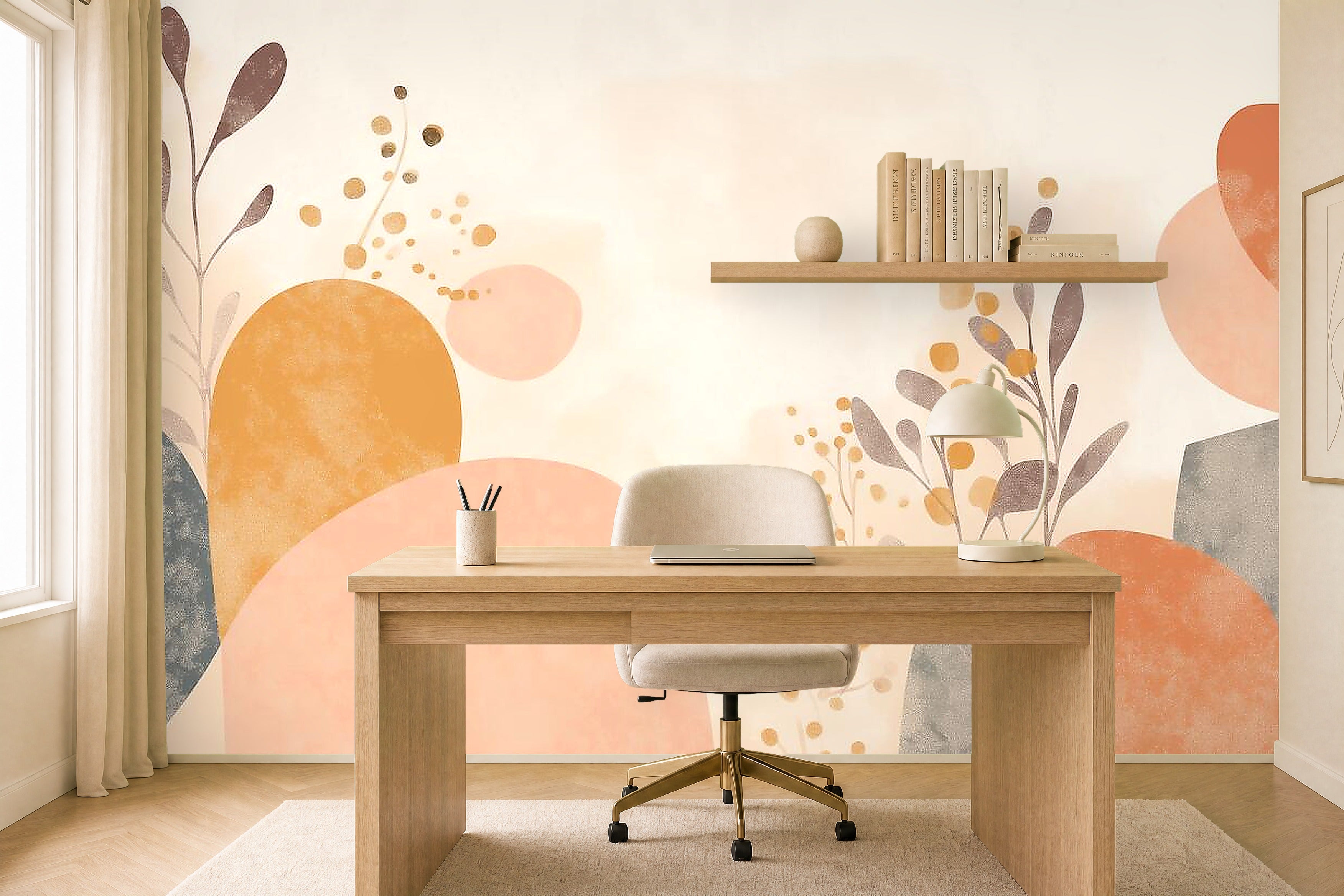 modern floral wallpaper in a home office
