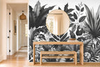monochrome leaf wallpaper in a hallway