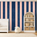 navy and pink striped wallpaper room