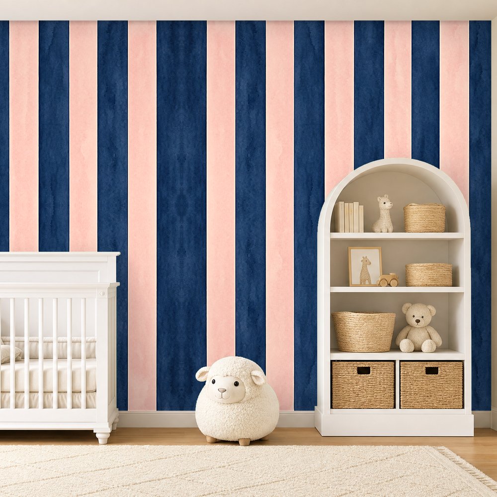 navy and pink striped wallpaper room