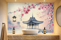 navy cherry blossom wallpaper in a bathroom