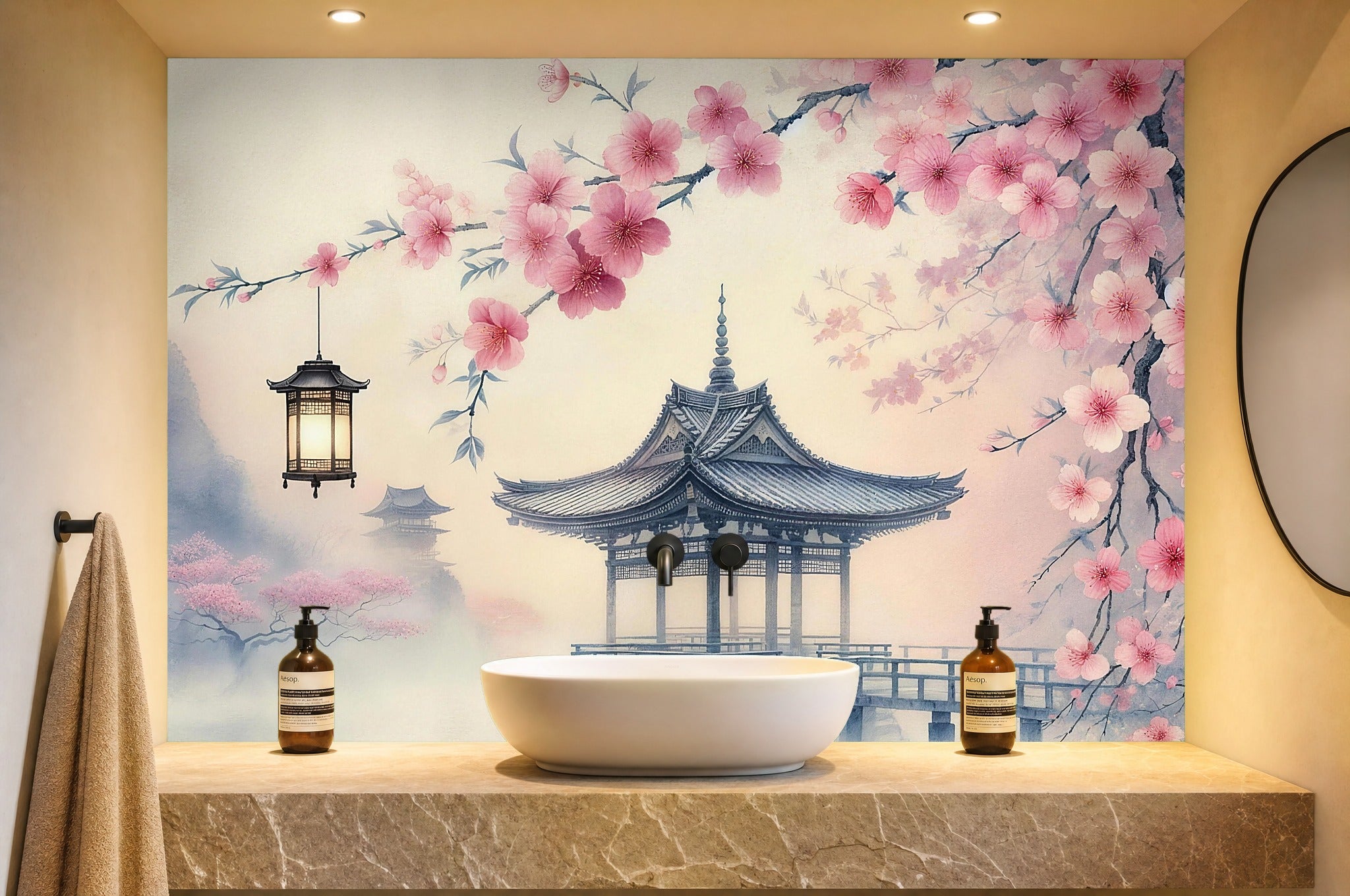 navy cherry blossom wallpaper in a bathroom