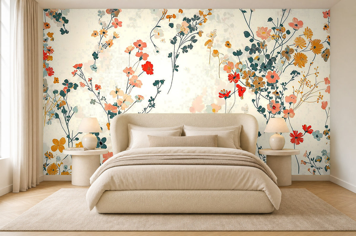 neutral floral wallpaper in a bedroom