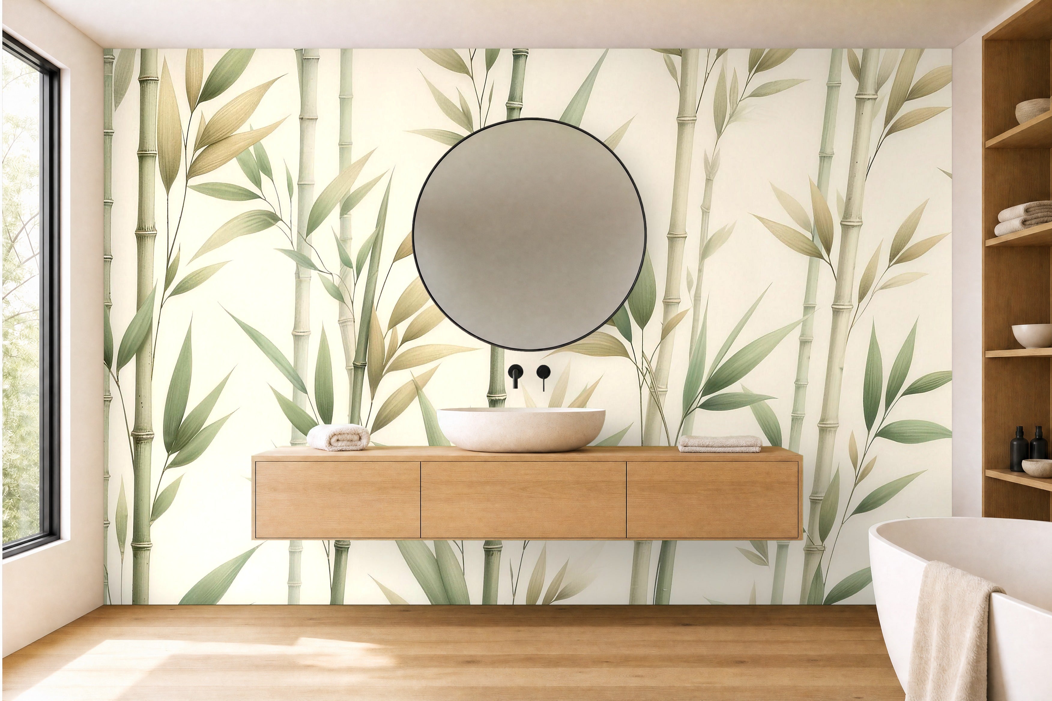 neutral leaf wallpaper in a bathroom