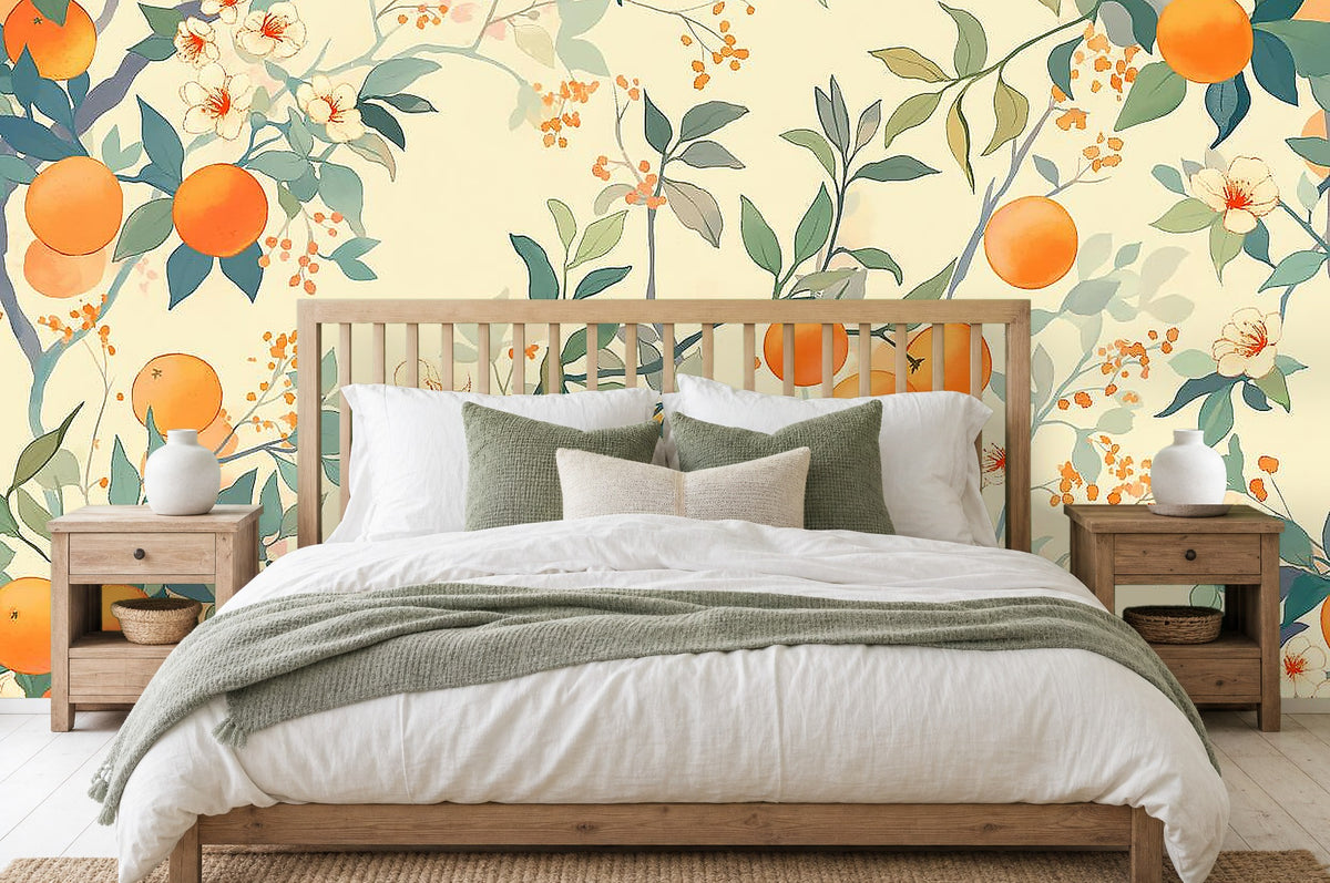 orange blossom wallpaper in a bedroom
