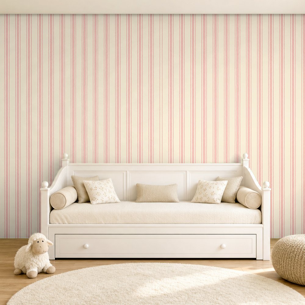 pale pink and white striped wallpaper room