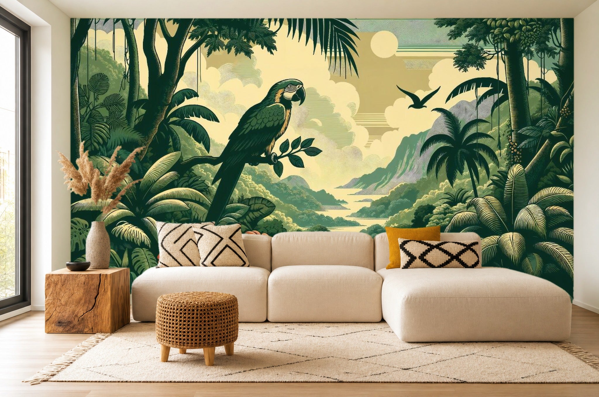 Green Parrot Wallpaper — mural in a styled room
