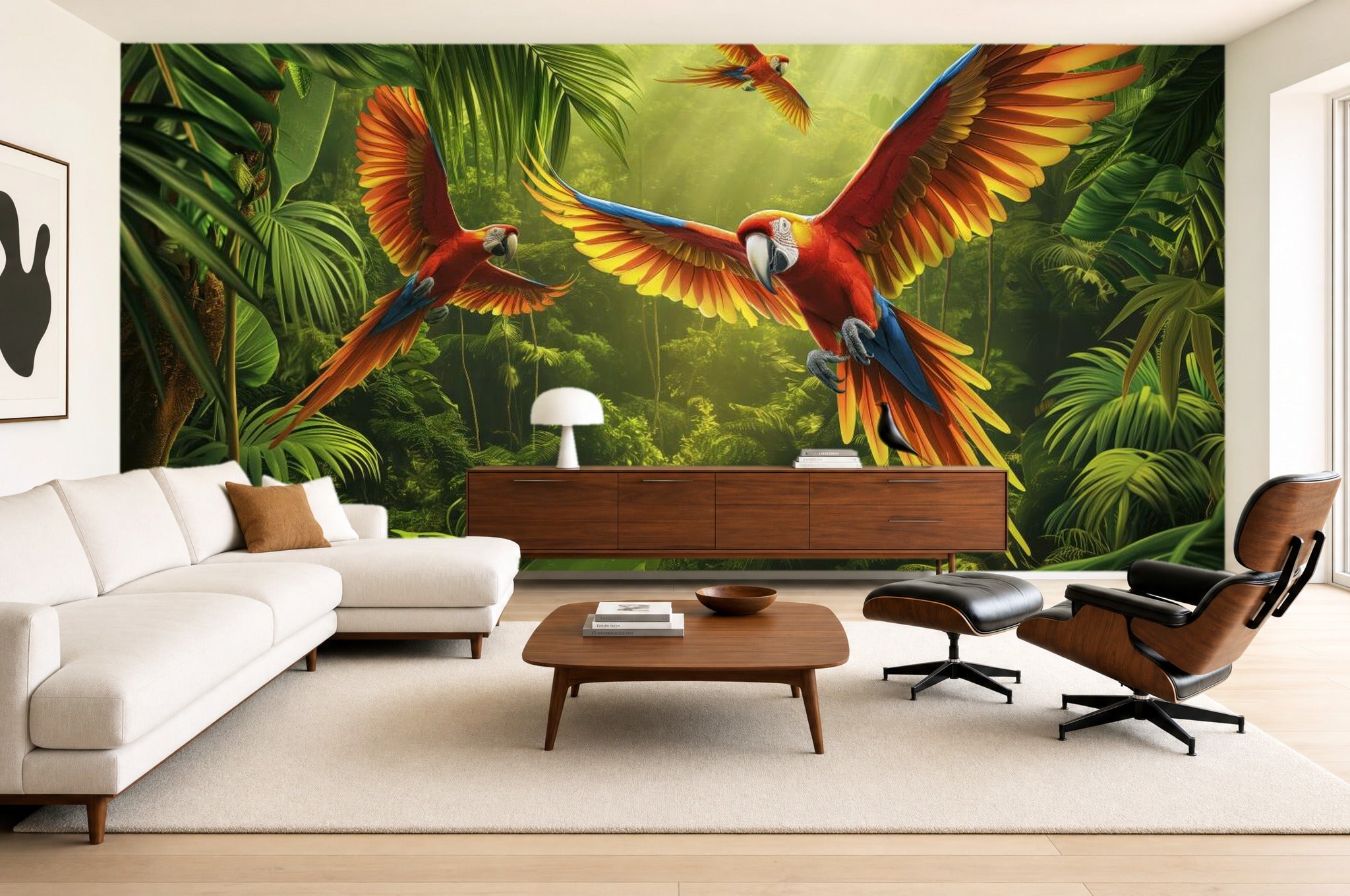 Jungle Parrot Wallpaper — mural in a styled room