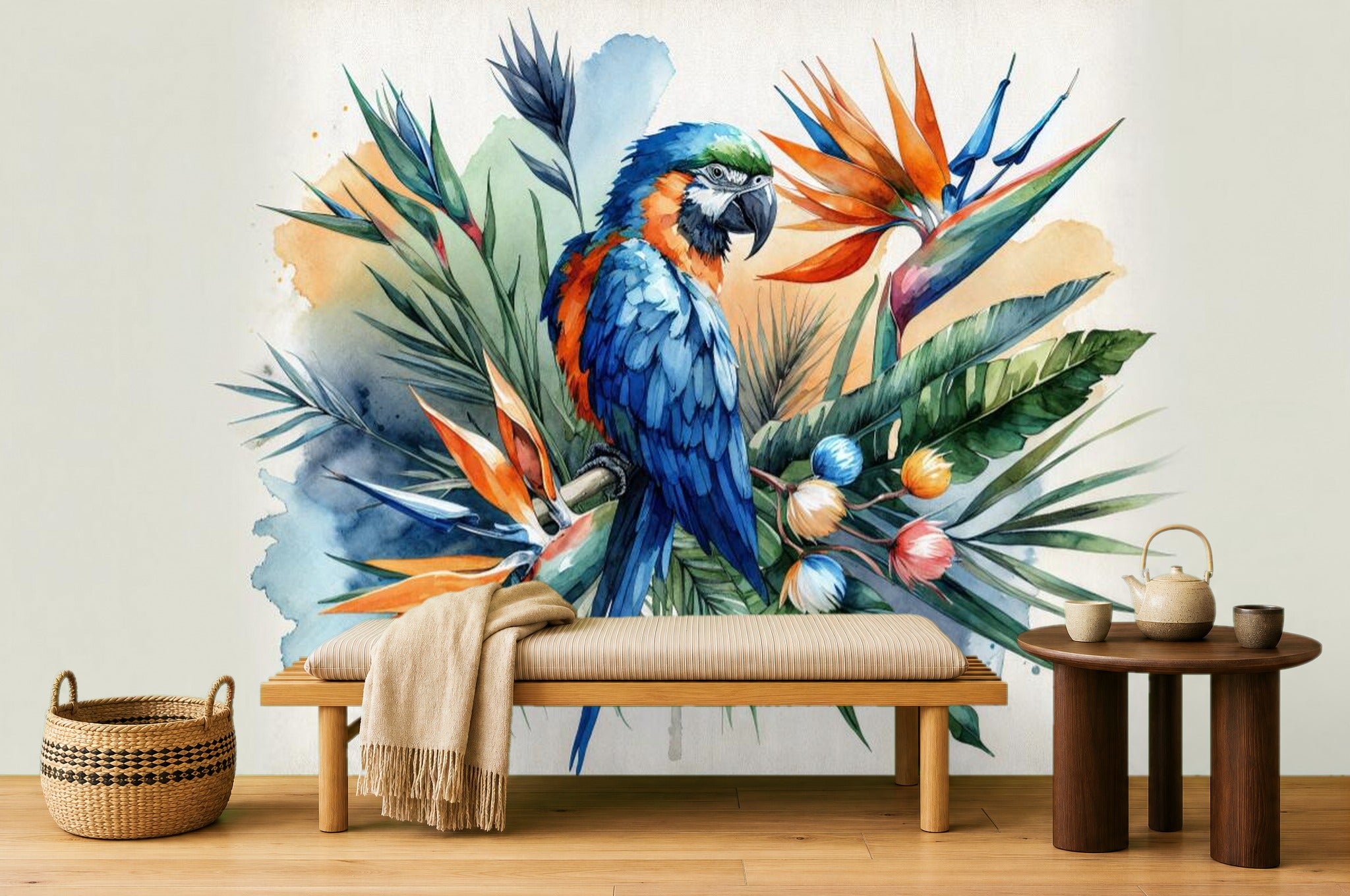 Navy Parrot Wallpaper — room scene