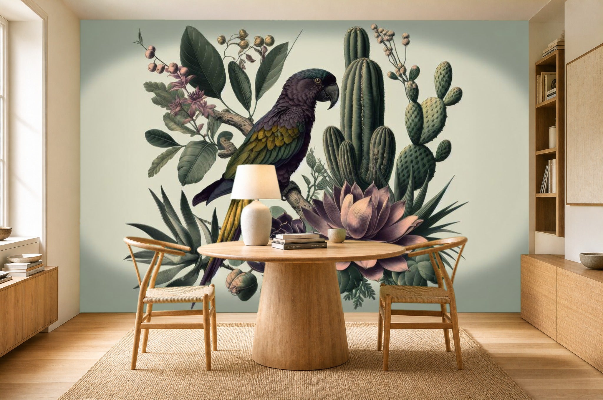 Vintage Parrot Wallpaper — mural in a styled room