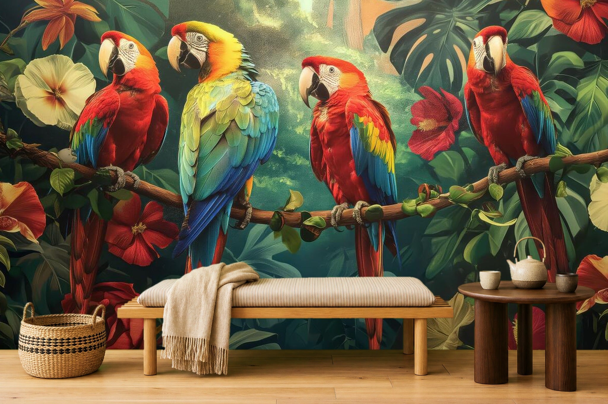 Yellow Parrot Wallpaper — mural in a styled room