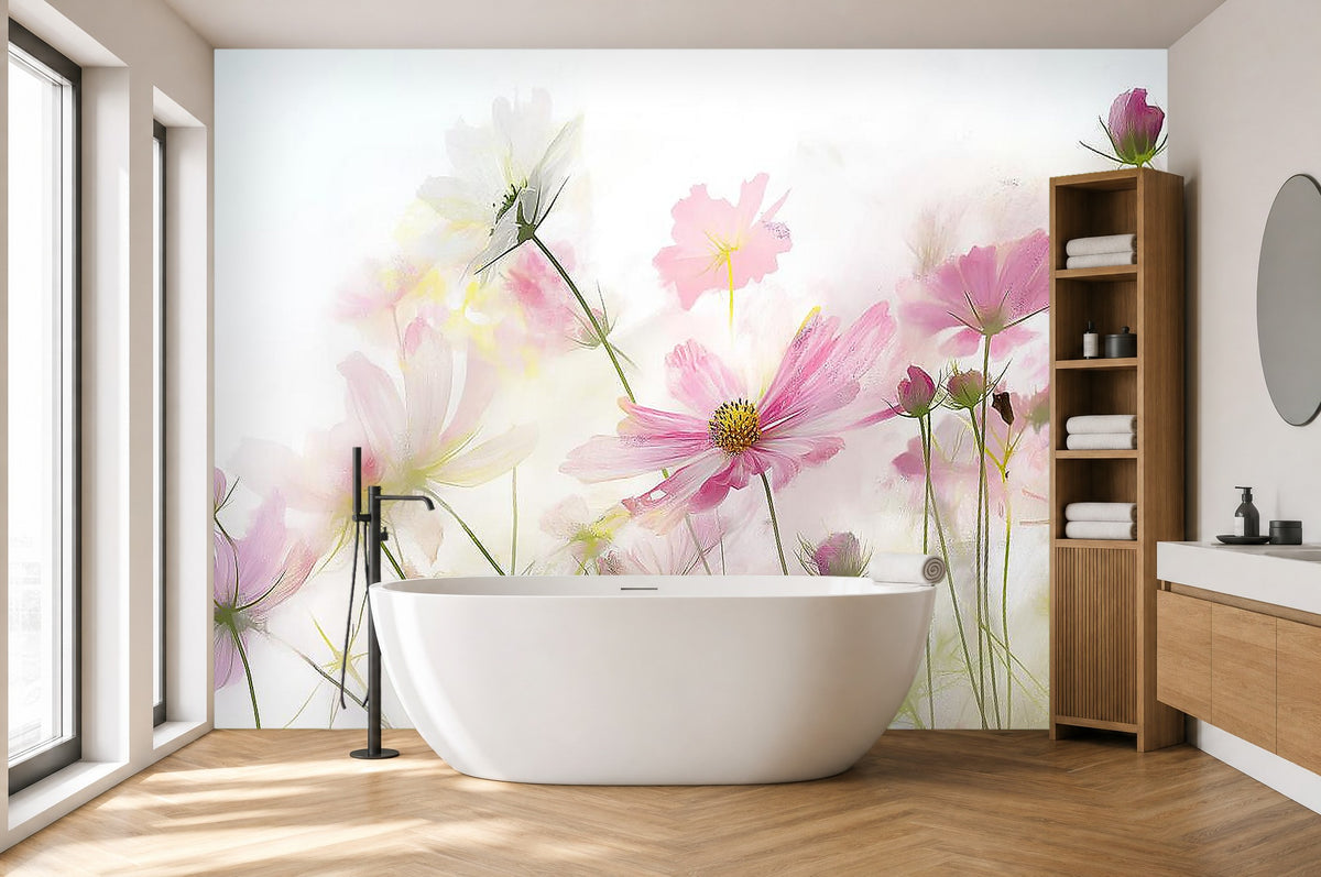 pastel floral wallpaper in a bathroom