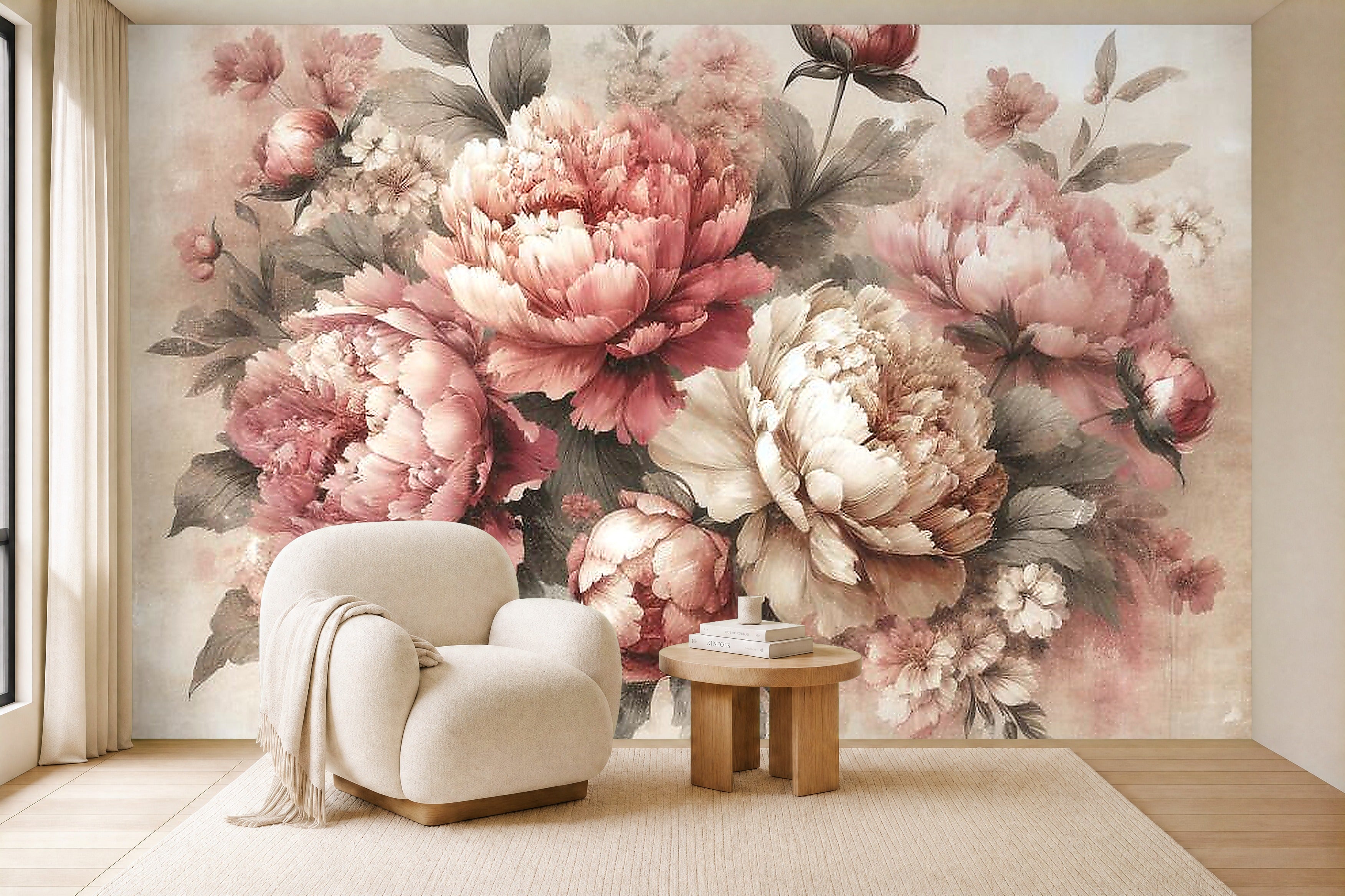 peony pink wallpaper in a living room