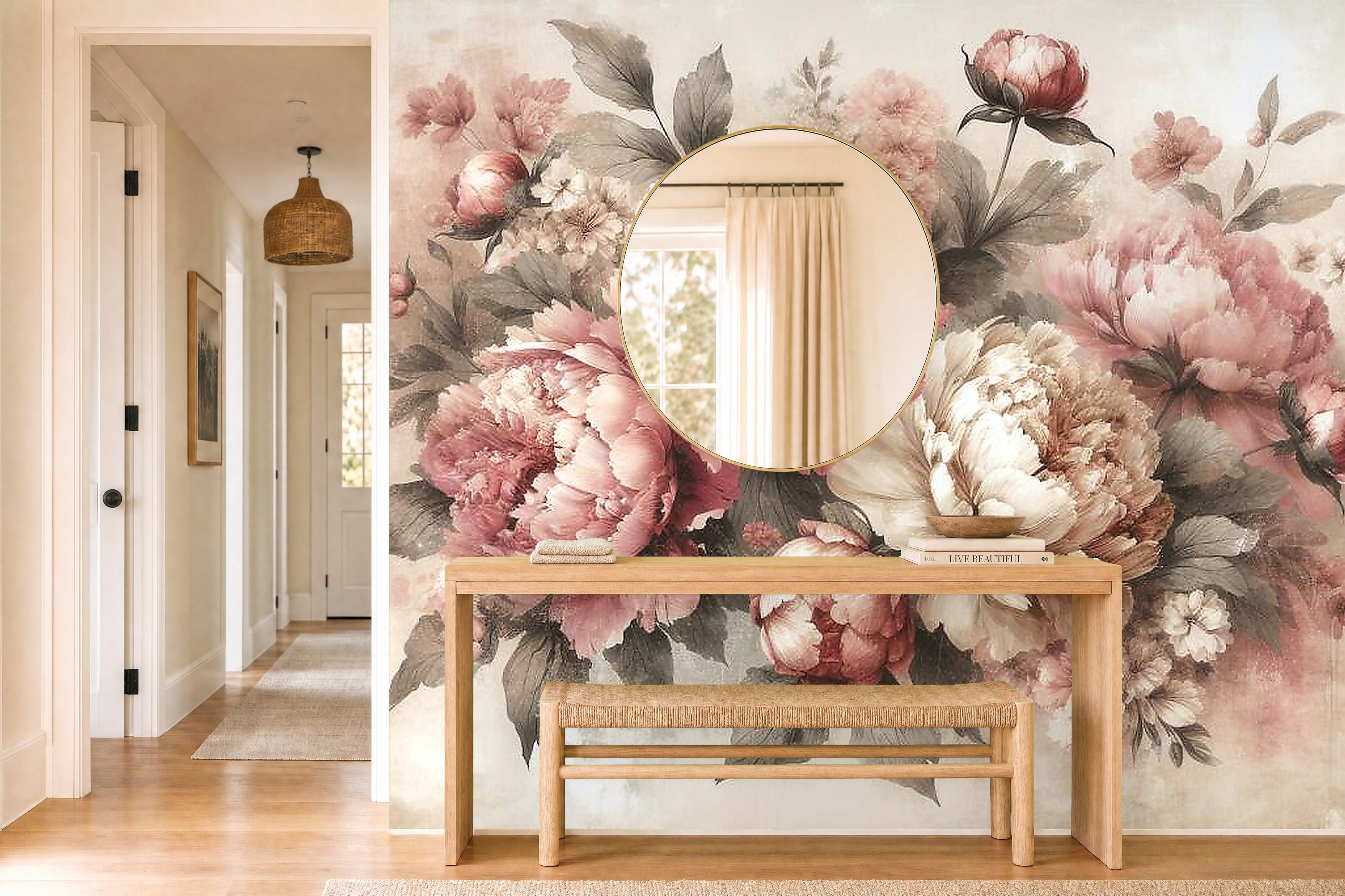 peony pink wallpaper in a hallway