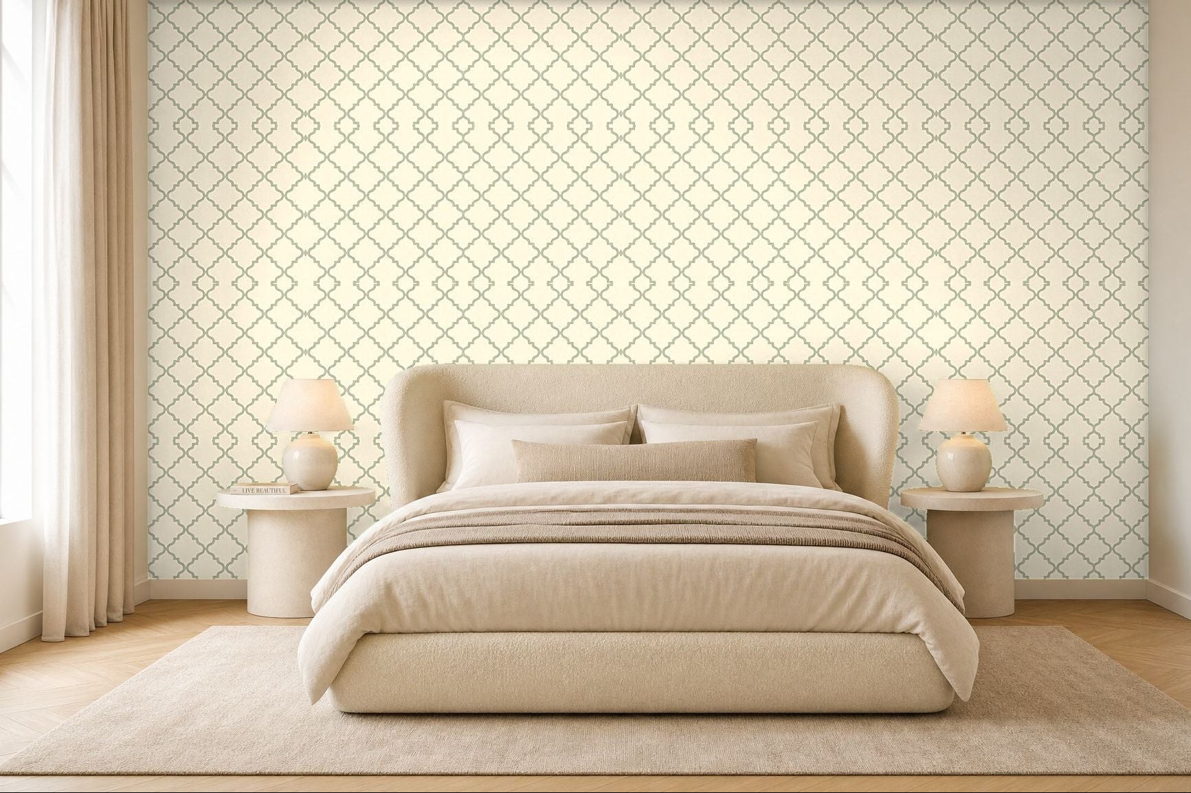 Sage green patterned wallpaper room view 2