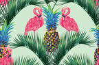 pineapple and flamingo wallpaper pattern shown flat