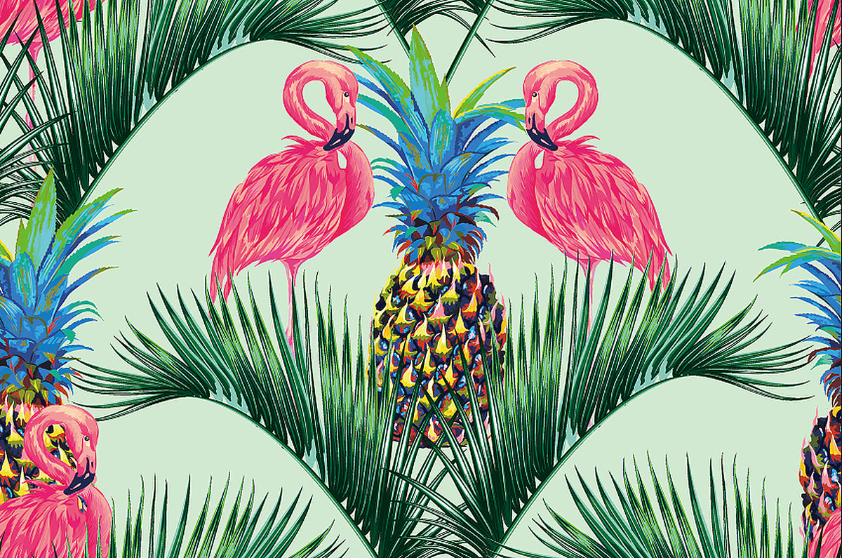 pineapple and flamingo wallpaper pattern shown flat