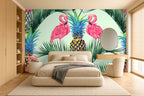 pineapple and flamingo wallpaper in a bedroom