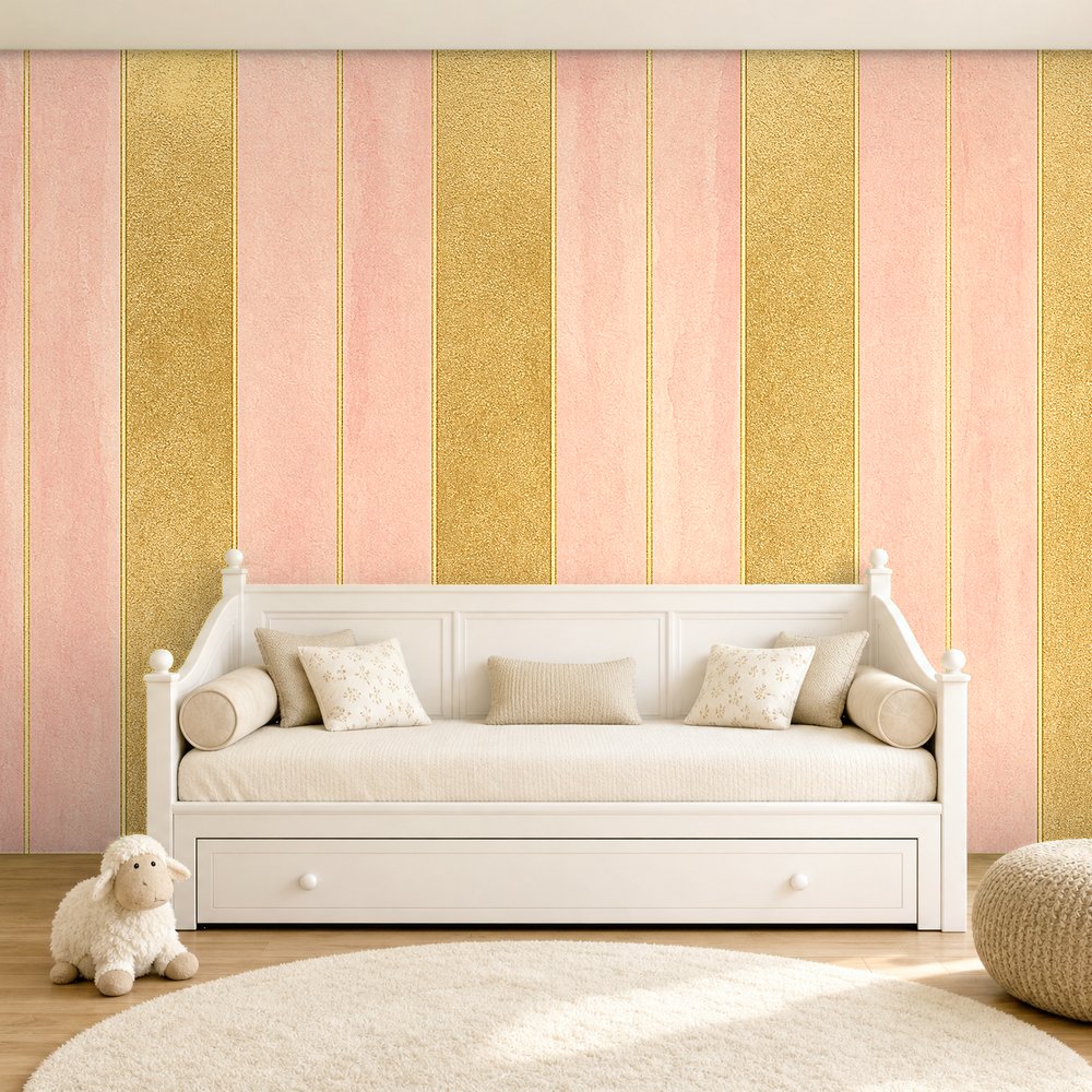 pink and gold striped wallpaper room
