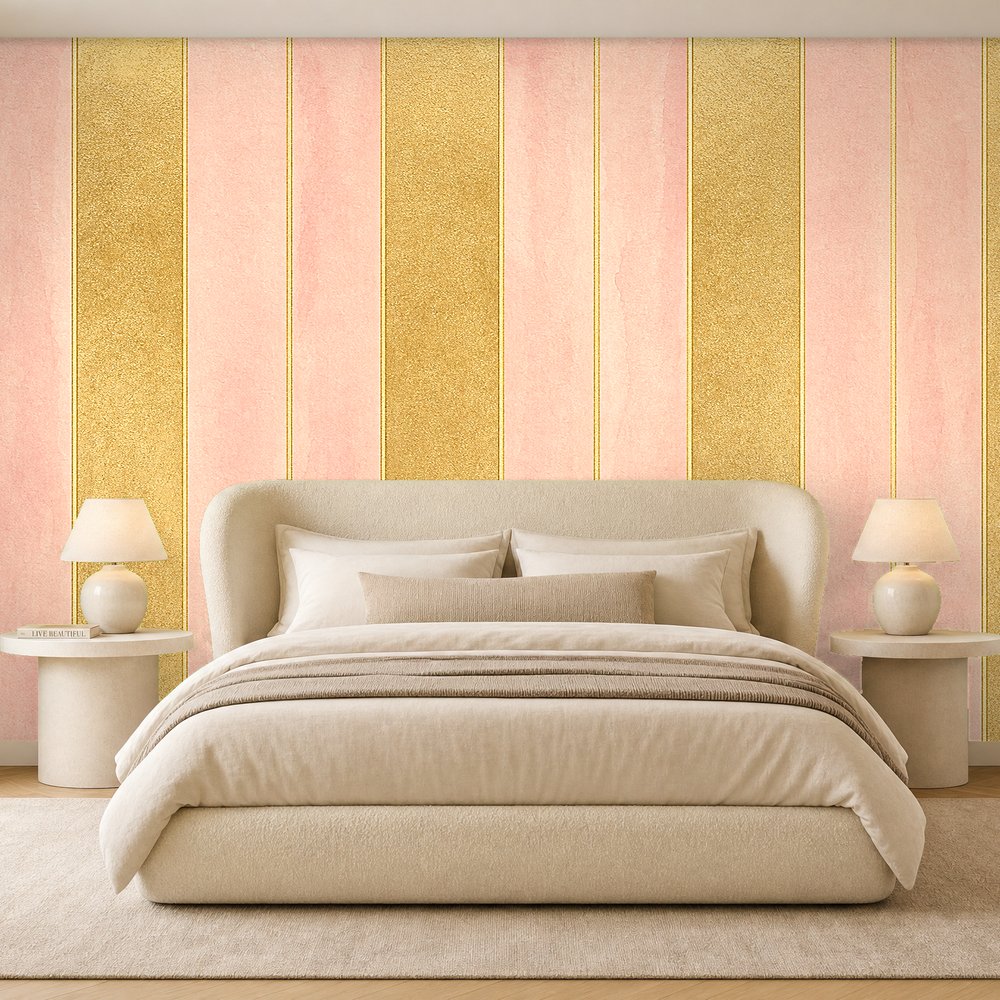 pink and gold striped wallpaper room 2